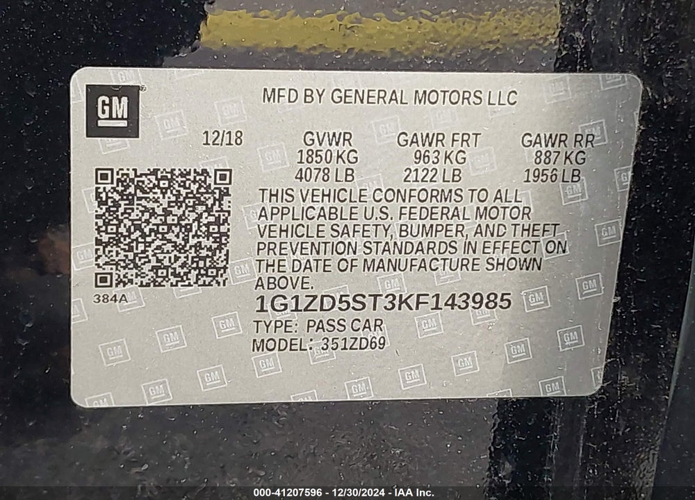 2019 CHEVROLET MALIBU LT VIN: 1G1ZD5ST3KF143985