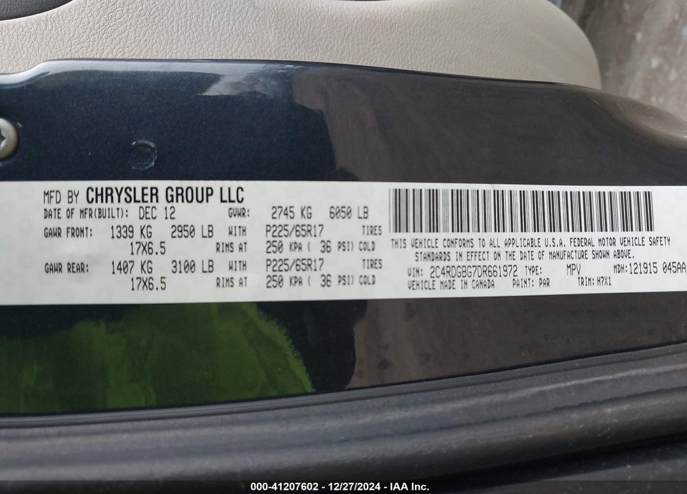 2013 DODGE GRAND CARAVAN SE VIN: 2C4RDGBG7DR661972