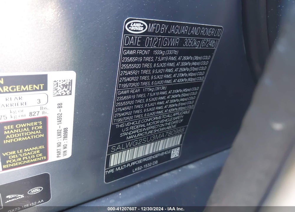 2021 LAND ROVER RANGE ROVER SPORT SE MHEV VIN: SALWG2SU3MA780988