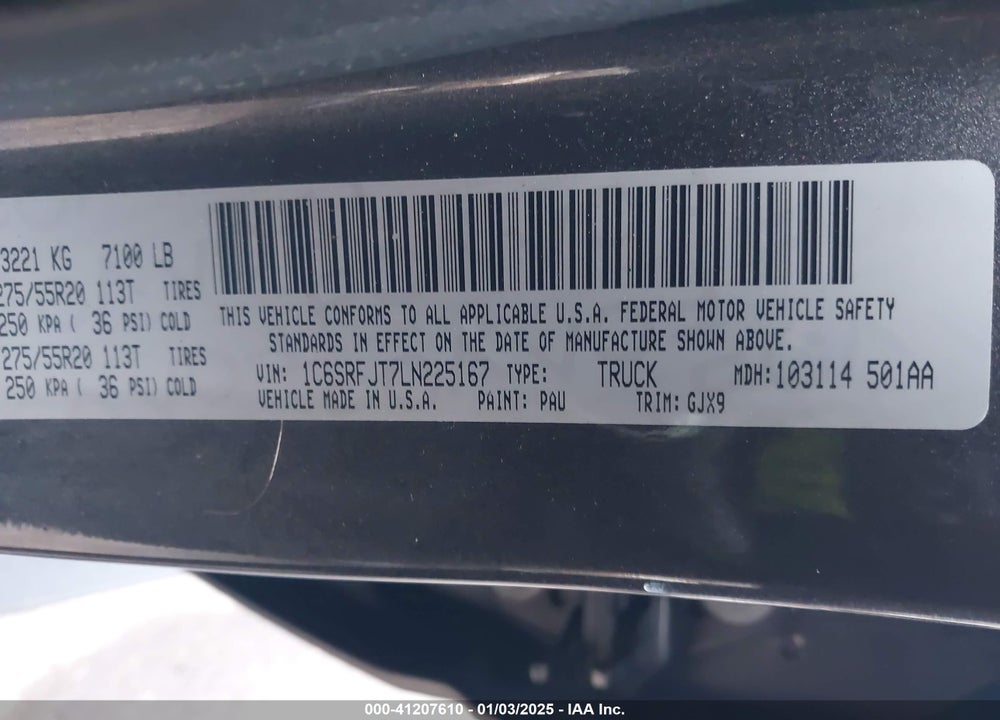 2020 RAM 1500 LAIE  4X4 5'7 BOX VIN: 1C6SRFJT7LN225167