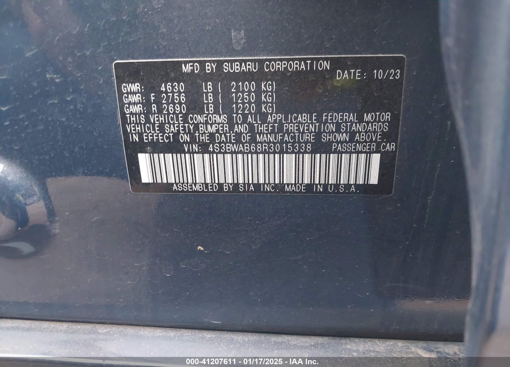 2024 SUBARU LEGACY VIN: 4S3BWAB68R3015338