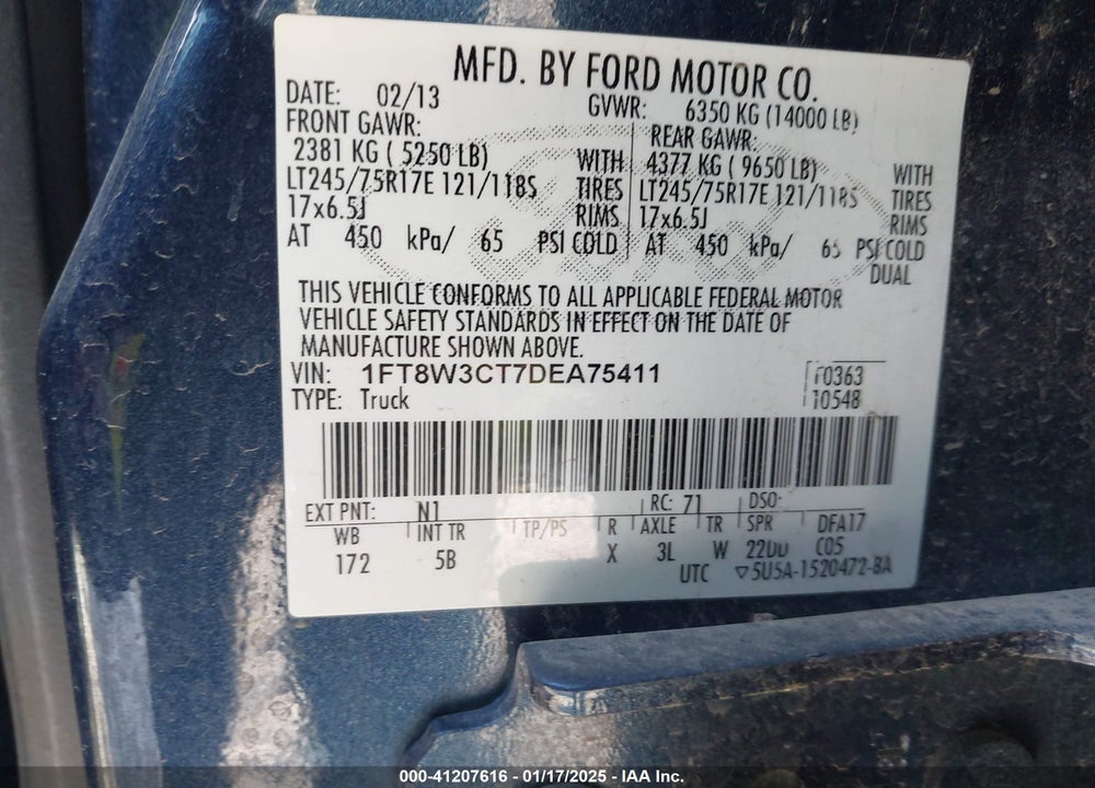 2013 FORD F-350 LARIAT VIN: 1FT8W3CT7DEA75411