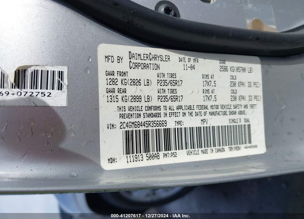 2005 CHRYSLER PACIFICA TOURING VIN: 2C4GM68445R356669