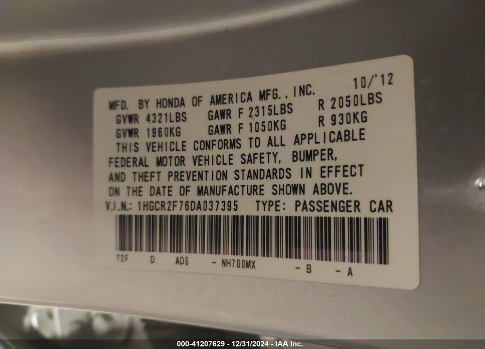 2013 HONDA ACCORD EX VIN: 1HGCR2F76DA037395