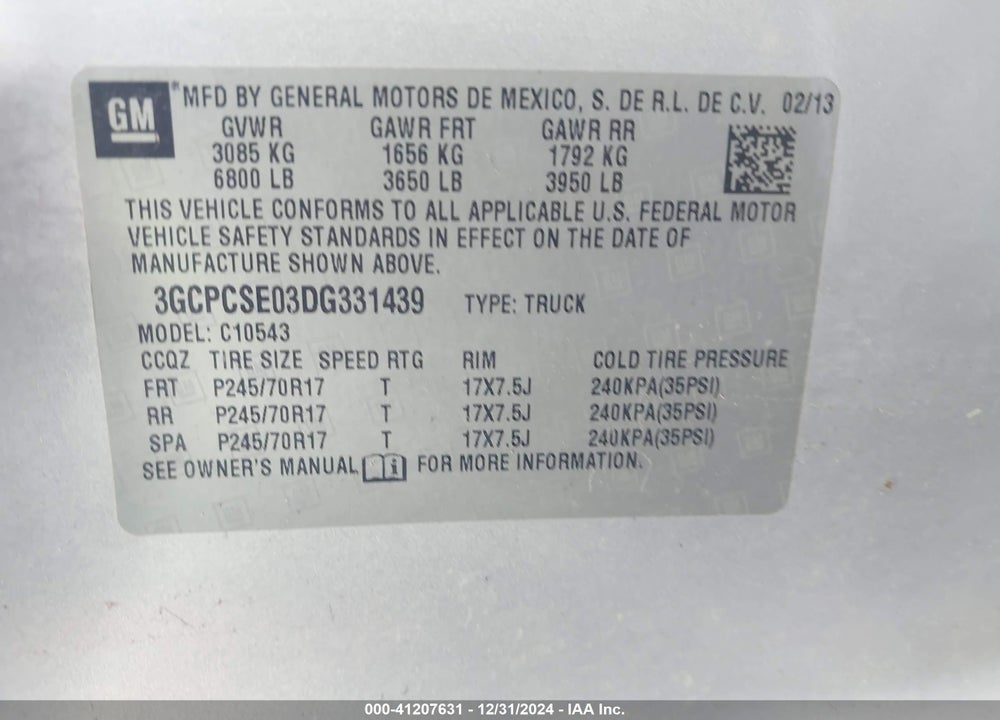 2013 CHEVROLET SILVERADO 1500 LT VIN: 3GCPCSE03DG331439