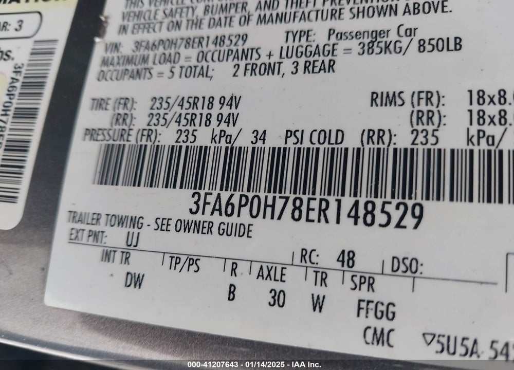2014 FORD FUSION VIN: 3FA6P0H78ER148529