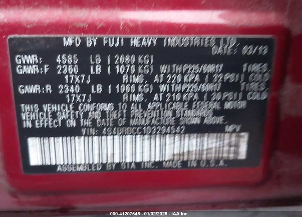 2013 SUBARU OUTBACK 2.5I PREMIUM VIN: 4S4BRBCC1D3294542