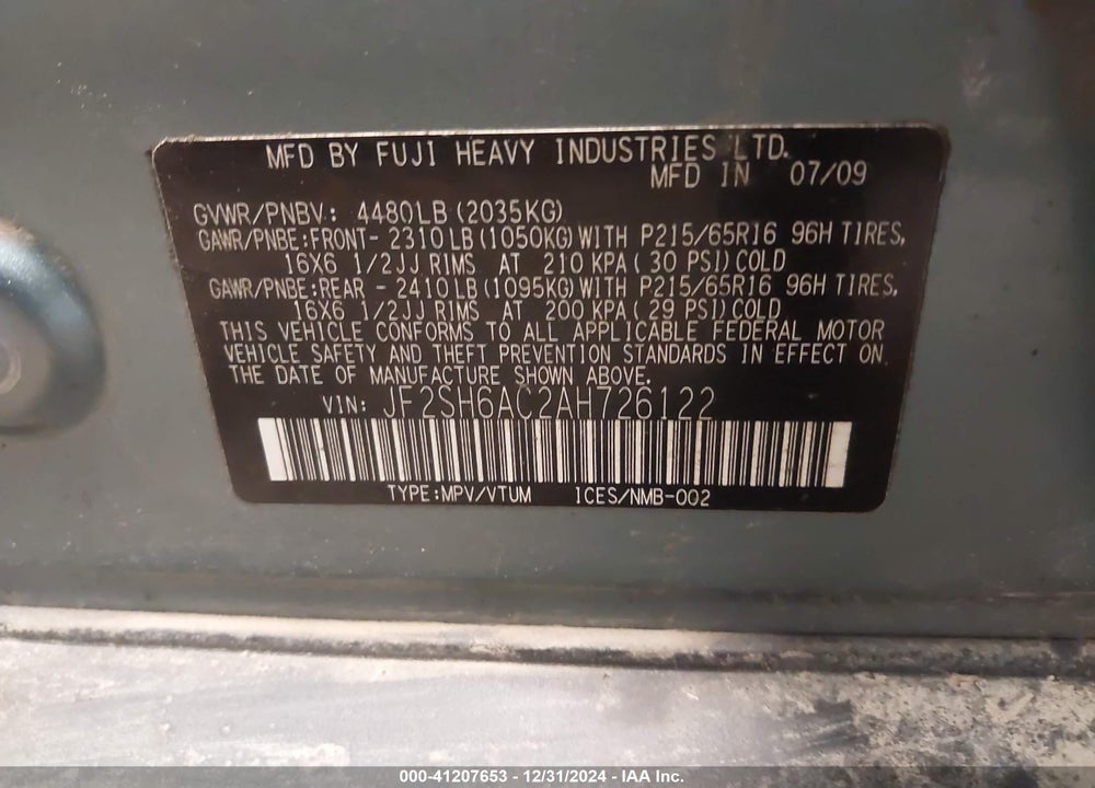 2010 SUBARU FORESTER 2.5X VIN: JF2SH6AC2AH726122