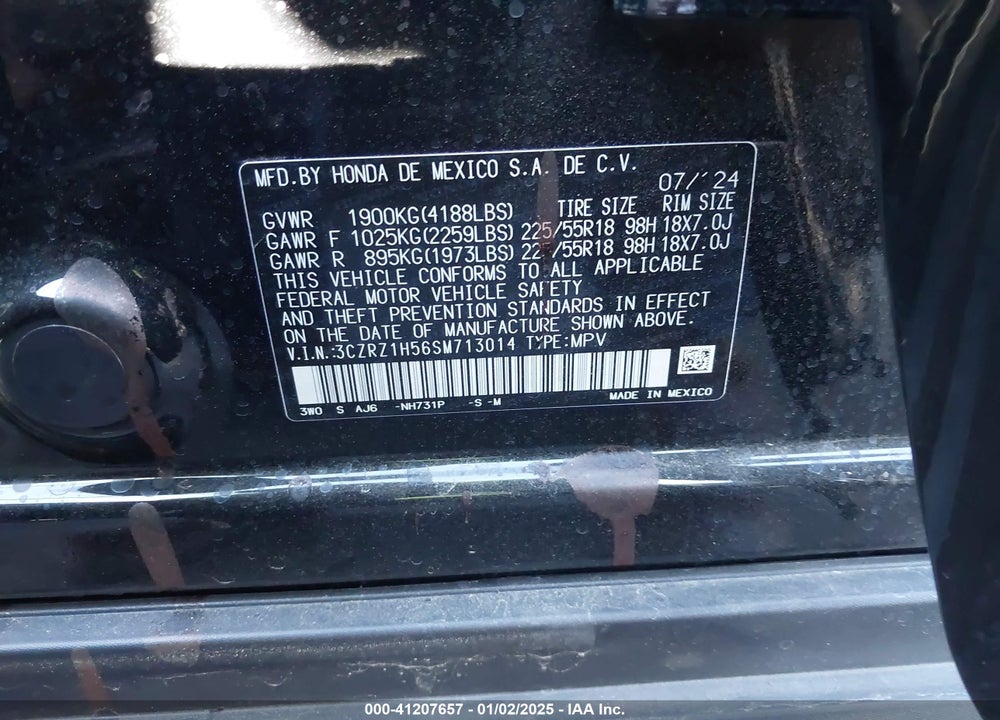 2025 HONDA HR-V 2WD SPORT VIN: 3CZRZ1H56SM713014