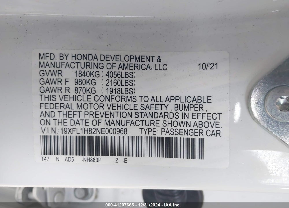 2022 HONDA CIVIC SPORT TOURING VIN: 19XFL1H82NE000968