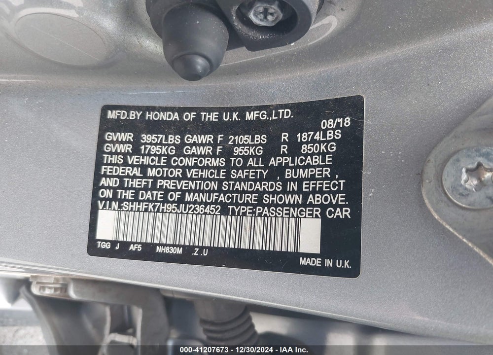 2018 HONDA CIVIC SPORT TOURING VIN: SHHFK7H95JU236452