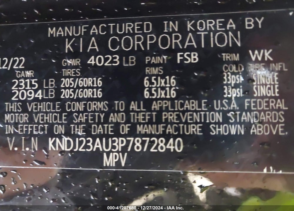 2023 KIA SOUL LX VIN: KNDJ23AU3P7872840