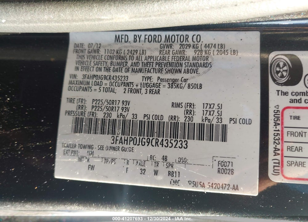 2012 FORD FUSION SEL VIN: 3FAHP0JG9CR435233