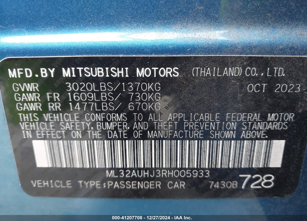 2024 MITSUBISHI MIRAGE ES/LE VIN: ML32AUHJ3RH005933