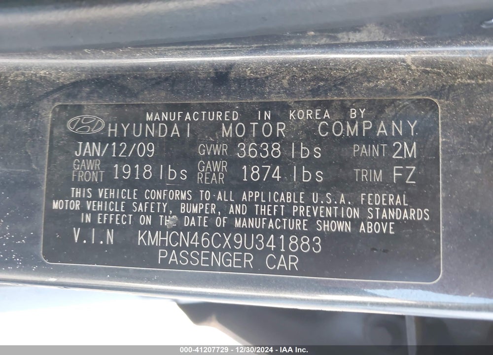 2009 HYUNDAI ACCENT GLS VIN: KMHCN46CX9U341883