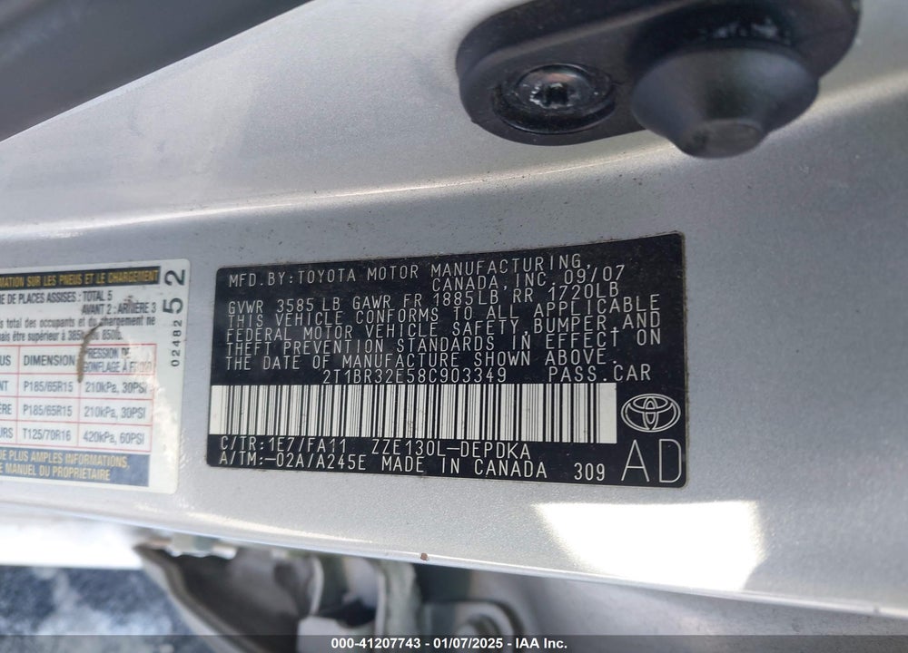 2008 TOYOTA COROLLA VIN: 2T1BR32E58C903349