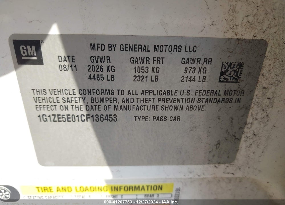 2012 CHEVROLET MALIBU 1LZ VIN: 1G1ZE5E01CF136453