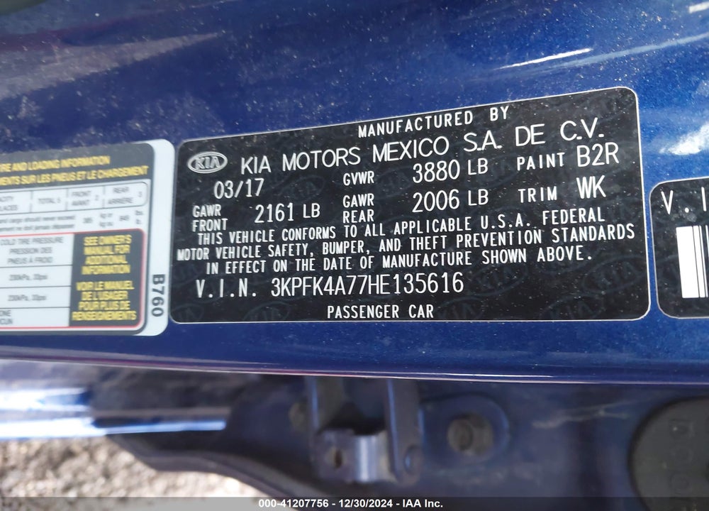 2017 KIA FORTE VIN: 3KPFK4A77HE135616