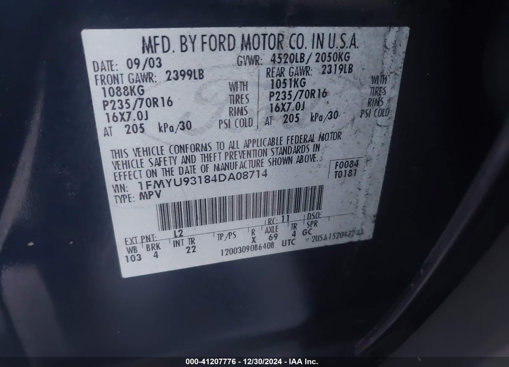 2004 FORD ESCAPE XLT VIN: 1FMYU93184DA08714