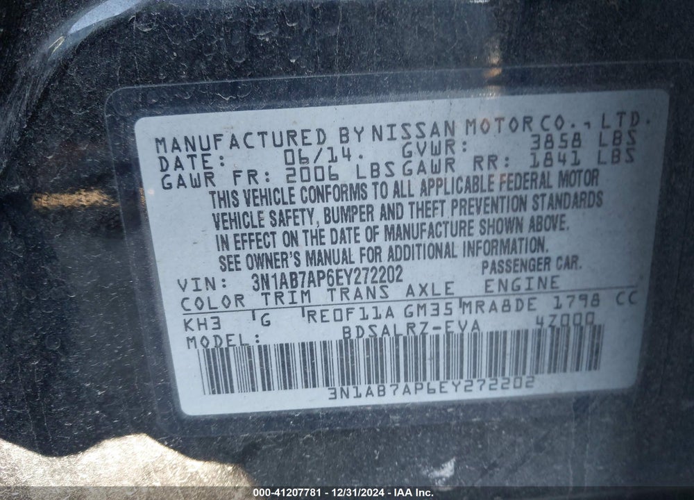 2014 NISSAN SENTRA SR VIN: 3N1AB7AP6EY272202