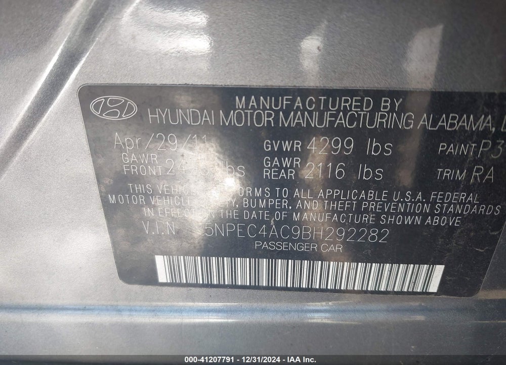 2011 HYUNDAI SONATA SE VIN: 5NPEC4AC9BH292282