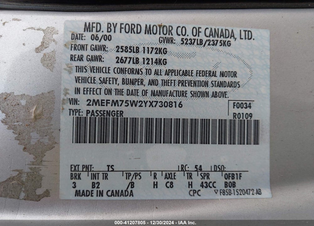 2000 MERCURY GRAND MARQUIS LS VIN: 2MEFM75W2YX730816