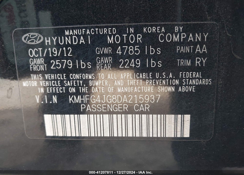 2013 HYUNDAI AZERA VIN: KMHFG4JG8DA215937