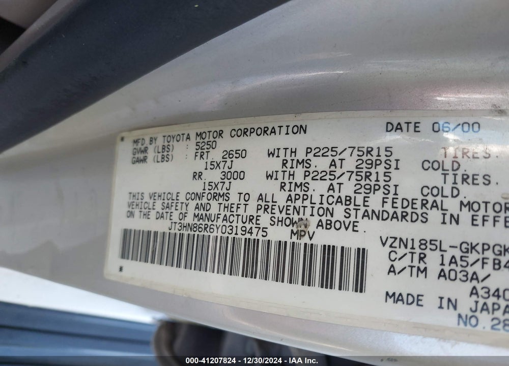 2000 TOYOTA 4RUNNER SR5 V6 VIN: JT3HN86R6Y0319475