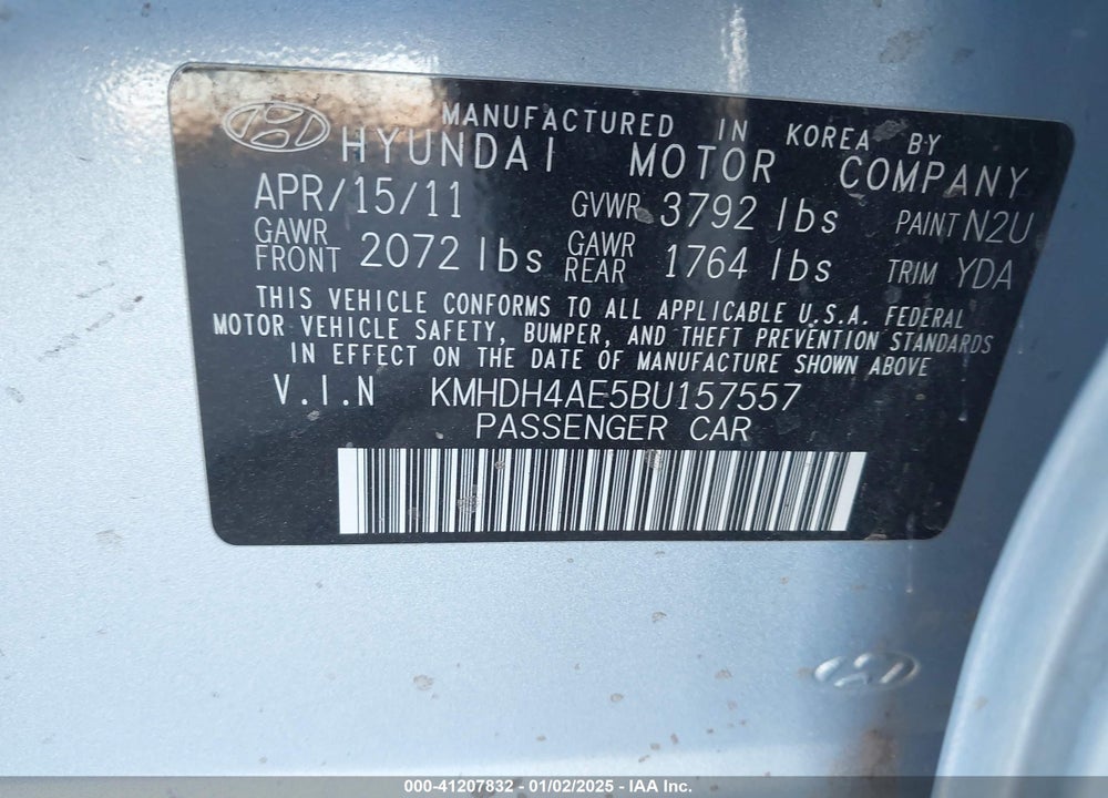 2011 HYUNDAI ELANTRA VIN: KMHDH4AE5BU157557