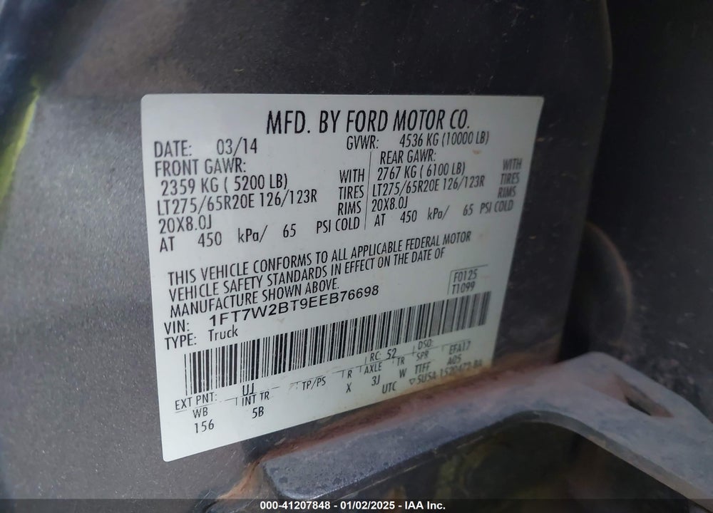 2014 FORD F-250 VIN: 1FT7W2BT9EEB76698