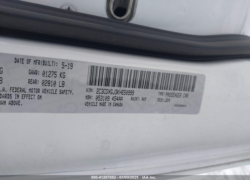 2019 DODGE CHARGER SCAT PACK RWD VIN: 2C3CDXGJ3KH650999