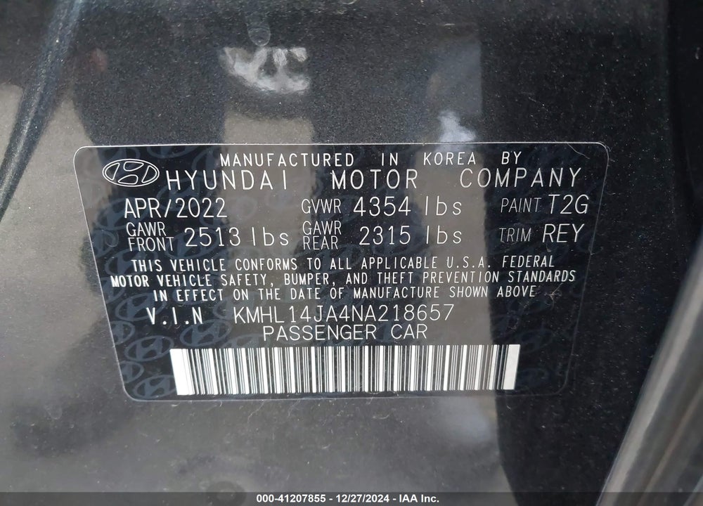 2022 HYUNDAI SONATA SEL VIN: KMHL14JA4NA218657