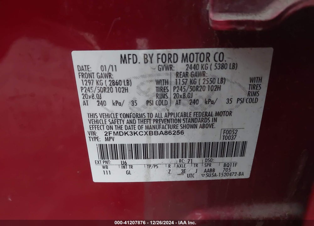 2011 FORD EDGE LIMITED VIN: 2FMDK3KCXBBA86256