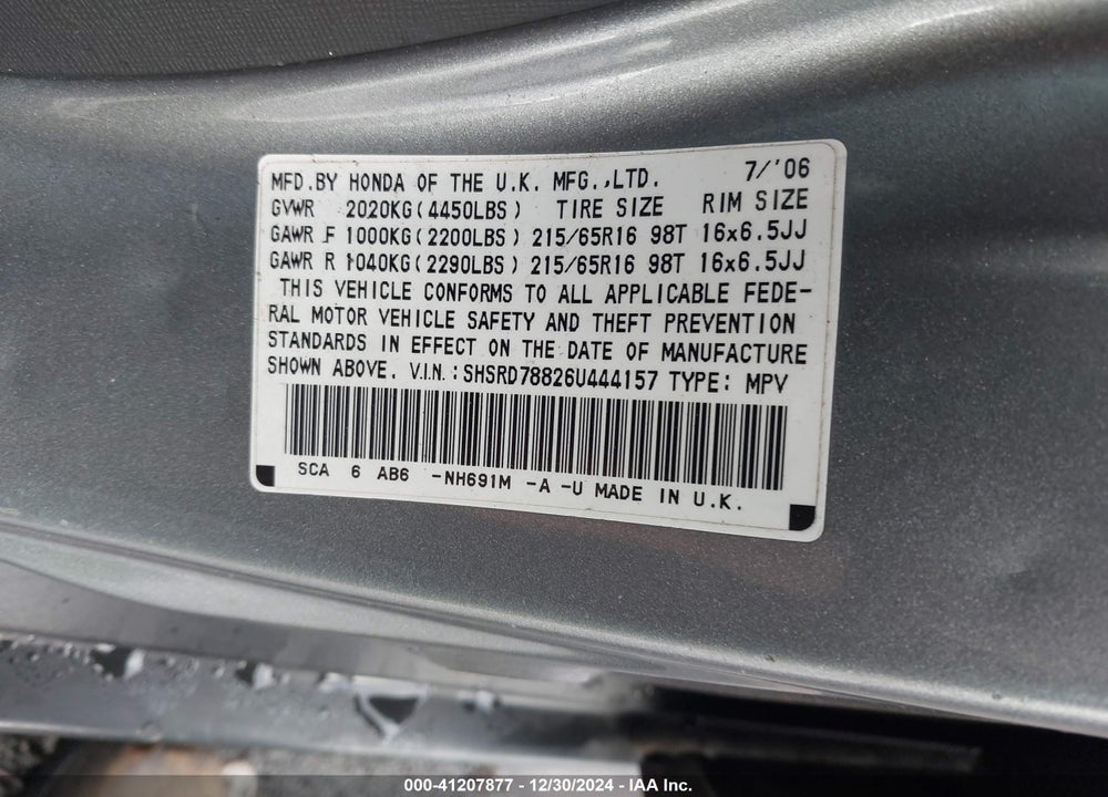 2006 HONDA CR-V EX VIN: SHSRD78826U444157