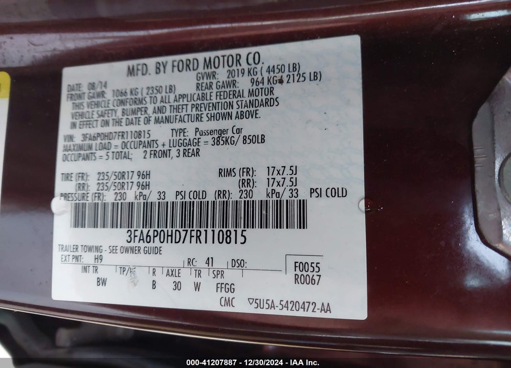 2015 FORD FUSION SE VIN: 3FA6P0HD7FR110815