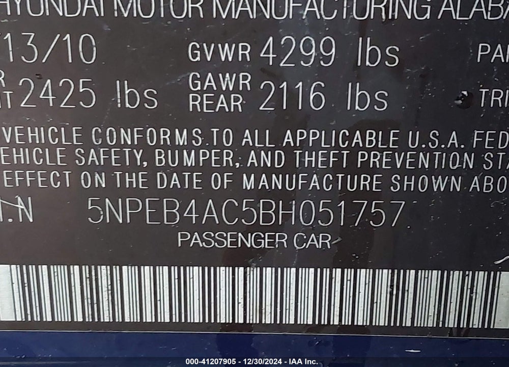 2011 HYUNDAI SONATA VIN: 5NPEB4AC5BH051757