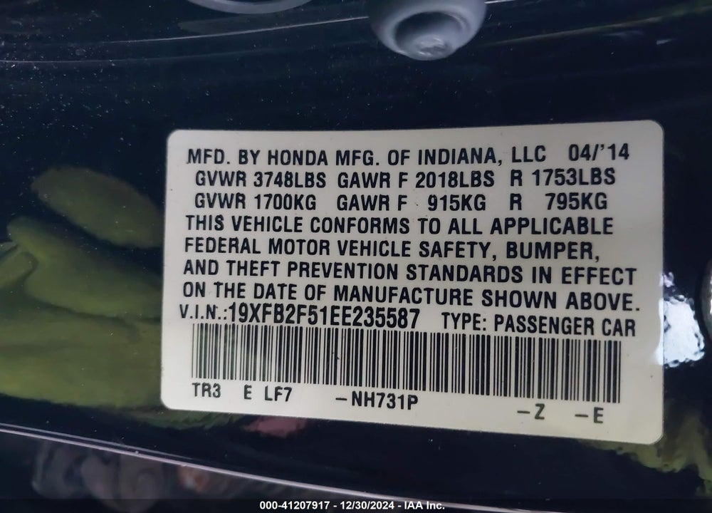 2014 HONDA CIVIC LX VIN: 19XFB2F51EE235587