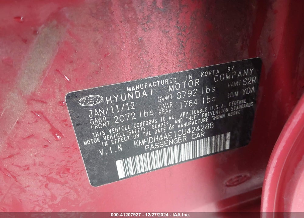 2012 HYUNDAI ELANTRA GLS (ULSAN PLANT) VIN: KMHDH4AE1CU424288