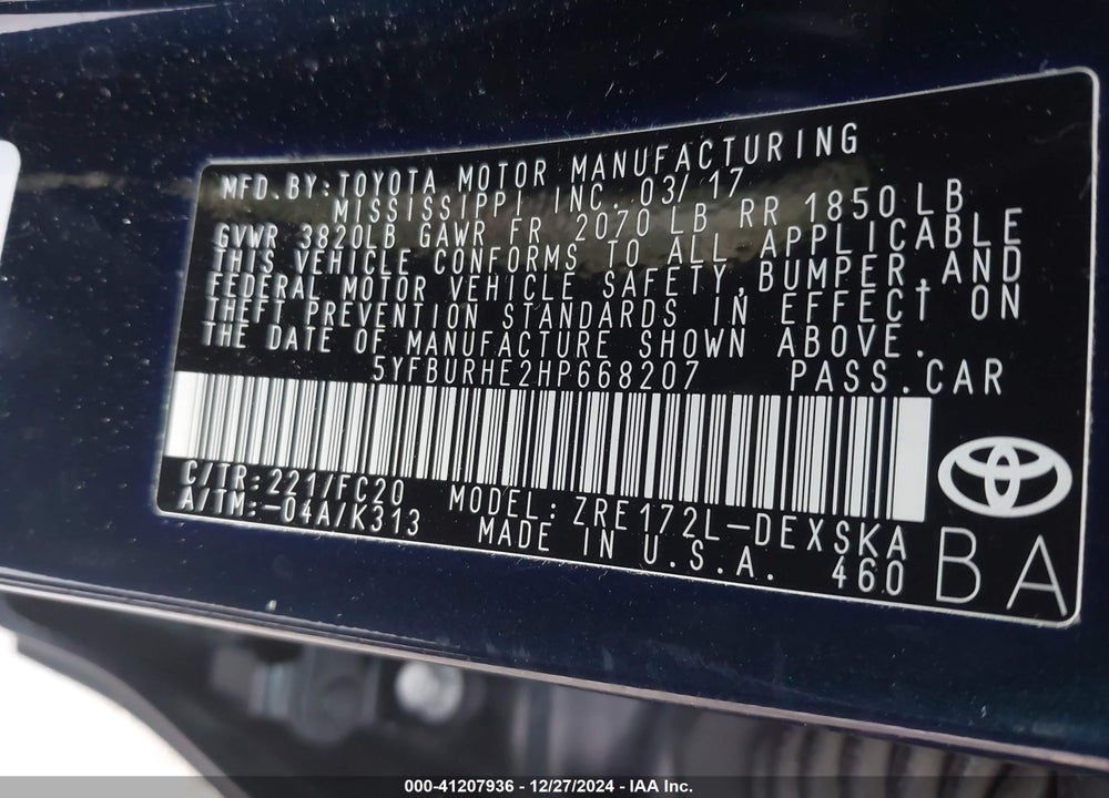 2017 TOYOTA COROLLA SE VIN: 5YFBURHE2HP668207