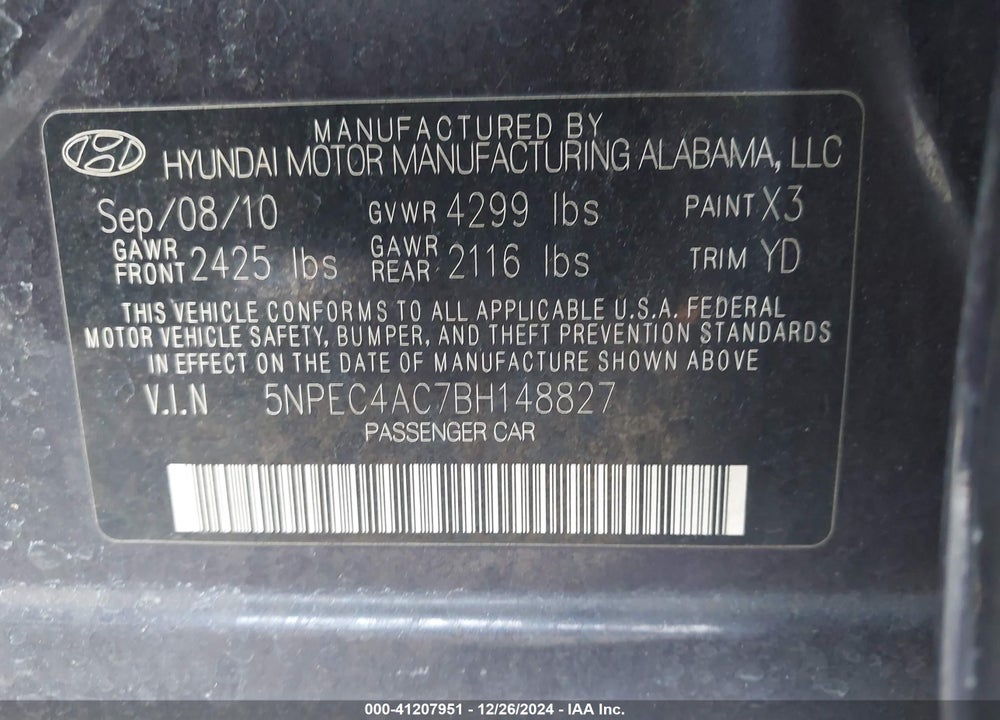 2011 HYUNDAI SONATA LIMITED VIN: 5NPEC4AC7BH148827