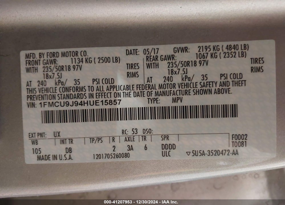 2017 FORD ESCAPE TITANIUM VIN: 1FMCU9J94HUE15857