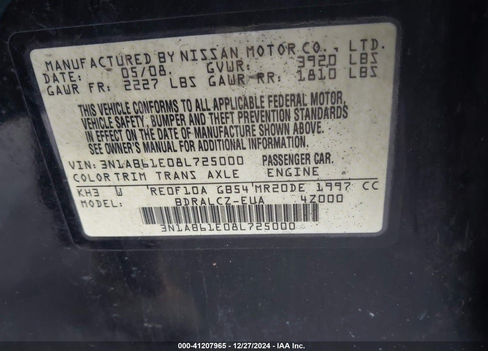 2008 NISSAN SENTRA 2.0 VIN: 3N1AB61E08L725000