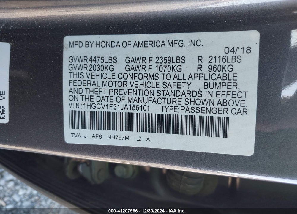 2018 HONDA ACCORD VIN: 1HGCV1F31JA156101