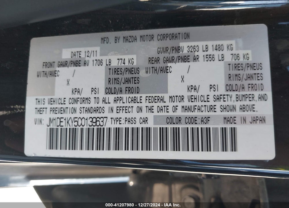 2012 MAZDA MAZDA2 VIN: JM1DE1KY5C0139637