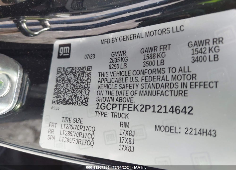 2023 CHEVROLET COLORADO VIN: 1GCPTFEK2P1214642