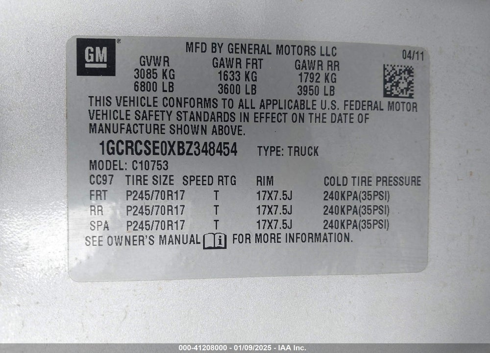 2011 CHEVROLET SILVERADO 1500 VIN: 1GCRCSE0XBZ348454