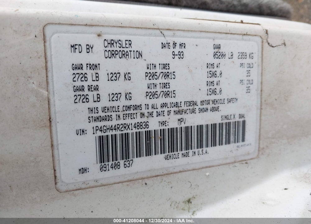 1994 PLYMOUTH GRAND VOYAGER SE VIN: 1P4GH44R2RX148836