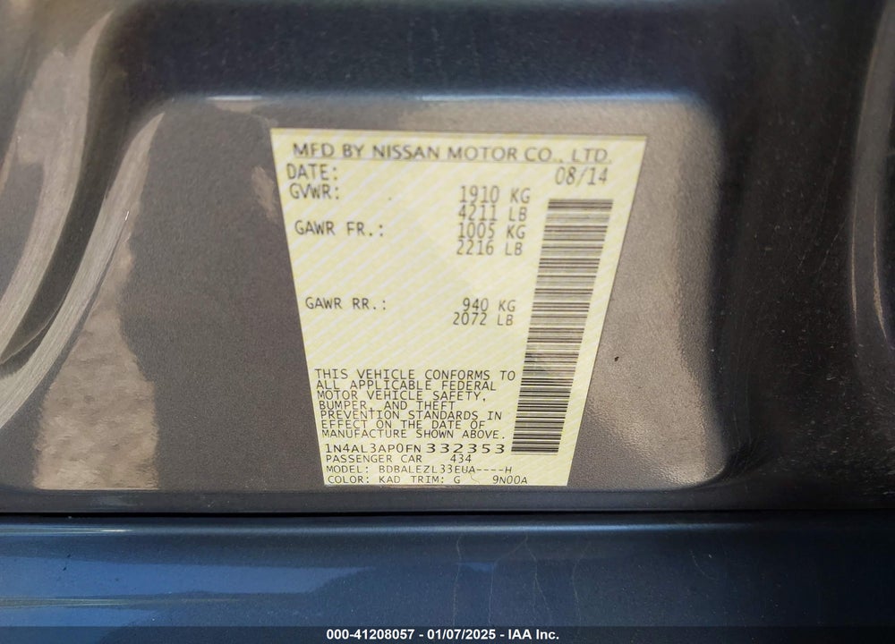 2015 NISSAN ALTIMA 2.5 S VIN: 1N4AL3AP0FN332353