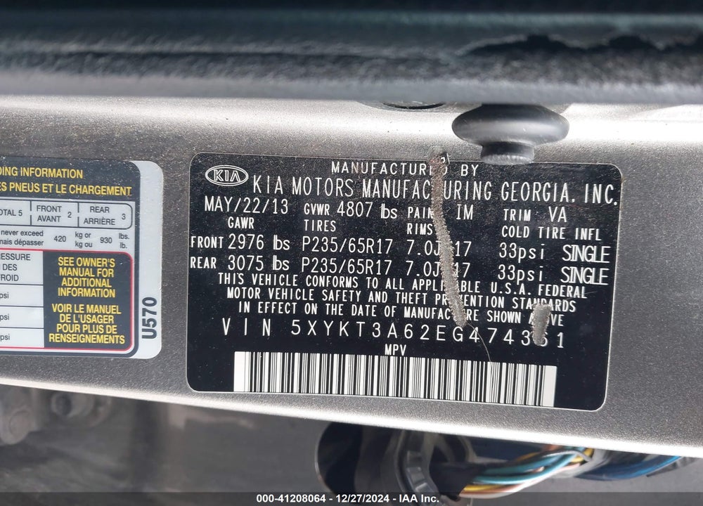 2014 KIA SORENTO LX VIN: 5XYKT3A62EG474361