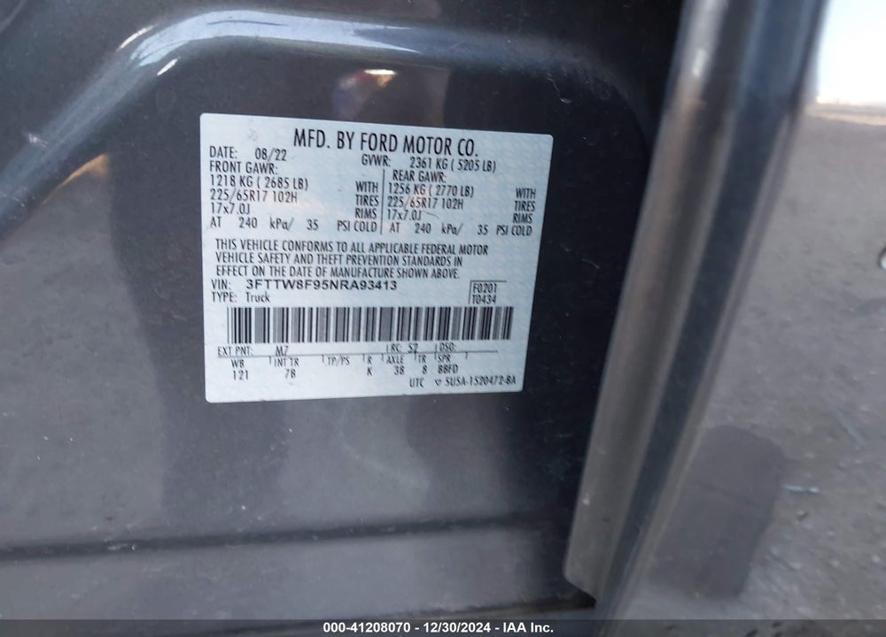 2022 FORD MAVERICK VIN: 3FTTW8F95NRA93413